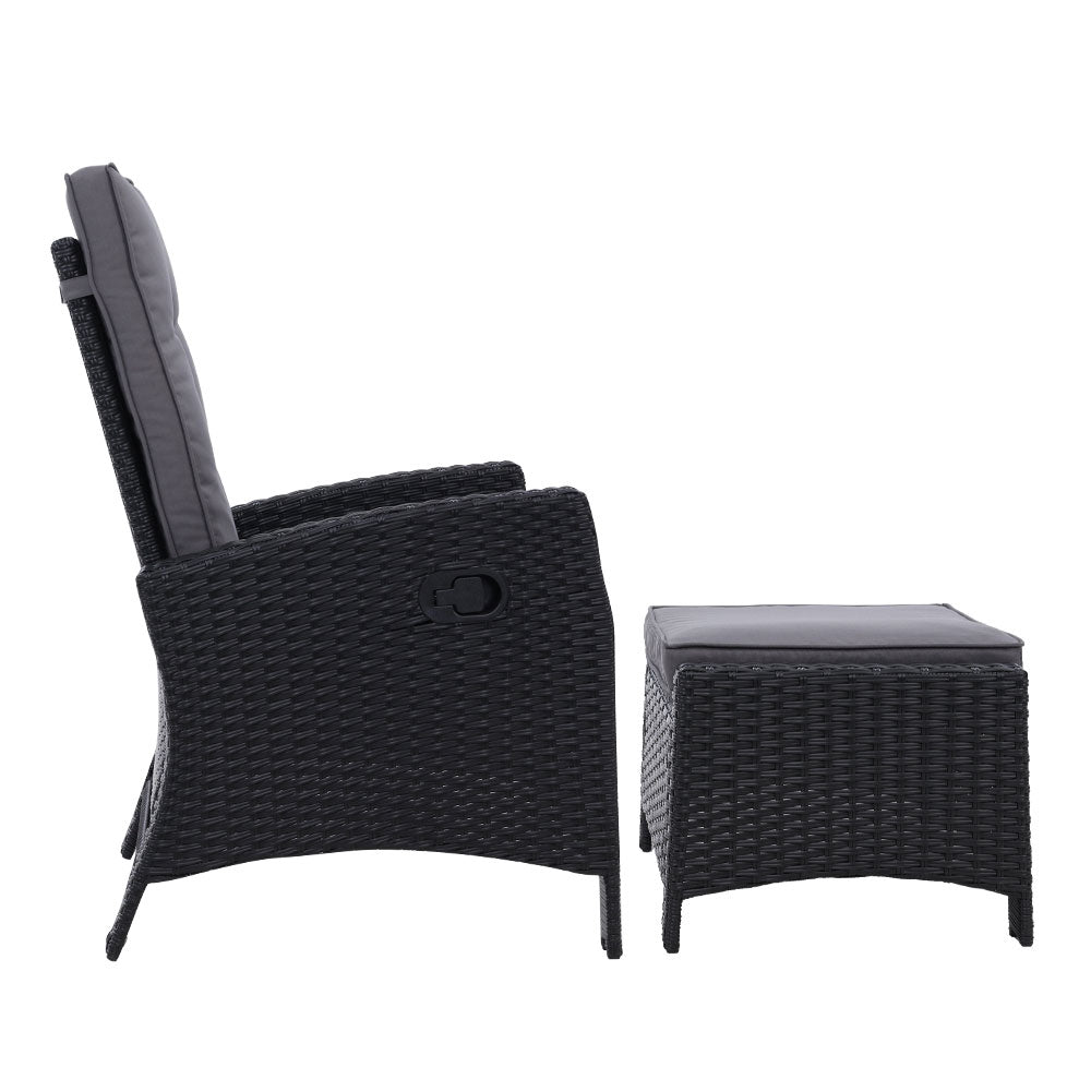 Gardeon 2PC Recliner Chairs Sun lounge Wicker Lounger Outdoor Furniture Adjustable Black