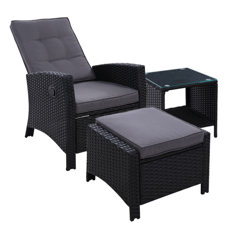 Gardeon 3PC Recliner Chairs Table Sun lounge Wicker Outdoor Furniture Adjustable Black