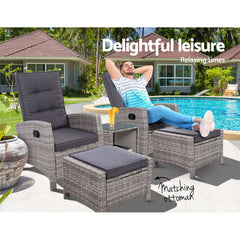 Gardeon 5PC Recliner Chairs Table Sun lounge Wicker Outdoor Furniture Adjustable Grey