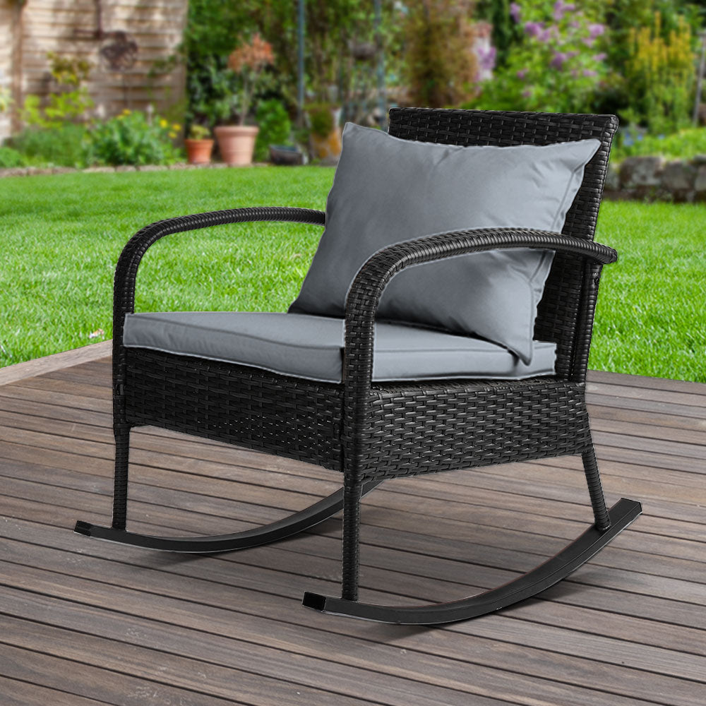 Gardeon Rocking Chair Wicker Outdoor Furniture Garden Patio Lounge Setting Black