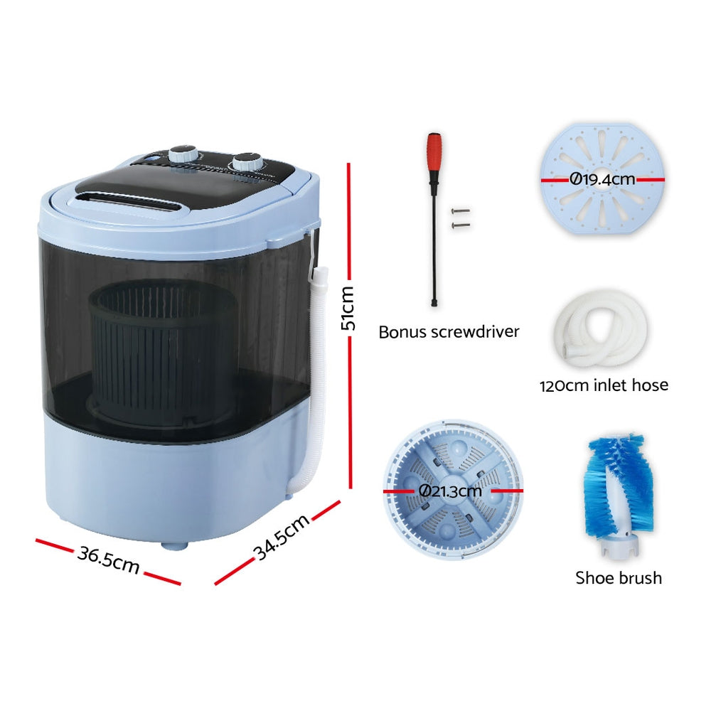 Devanti 3kg Mini Portable Washing Machine, Shoes Wash, Top Load Spin Camp Caravan