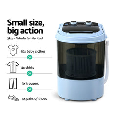 Devanti 3kg Mini Portable Washing Machine, Shoes Wash, Top Load Spin Camp Caravan