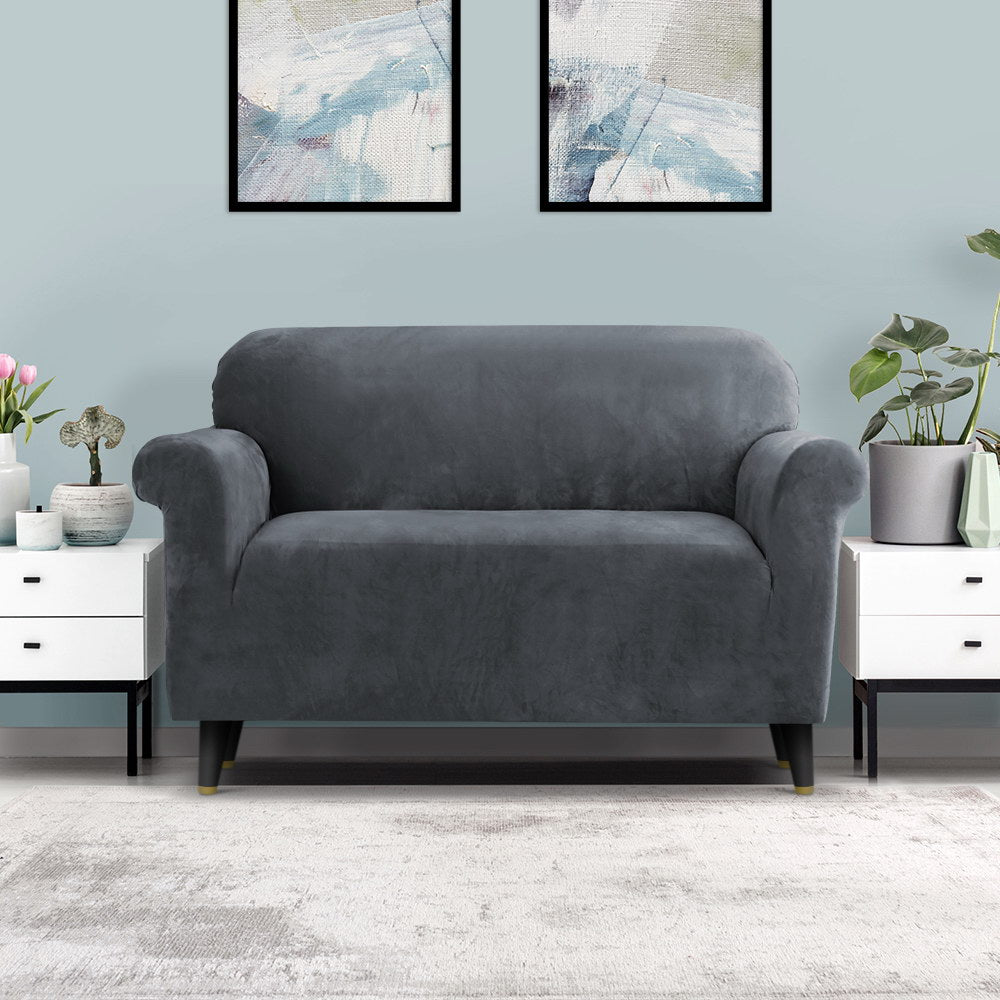 Artiss Velvet Sofa Cover Plush Couch Cover Lounge Slipcover 2 Seater Grey