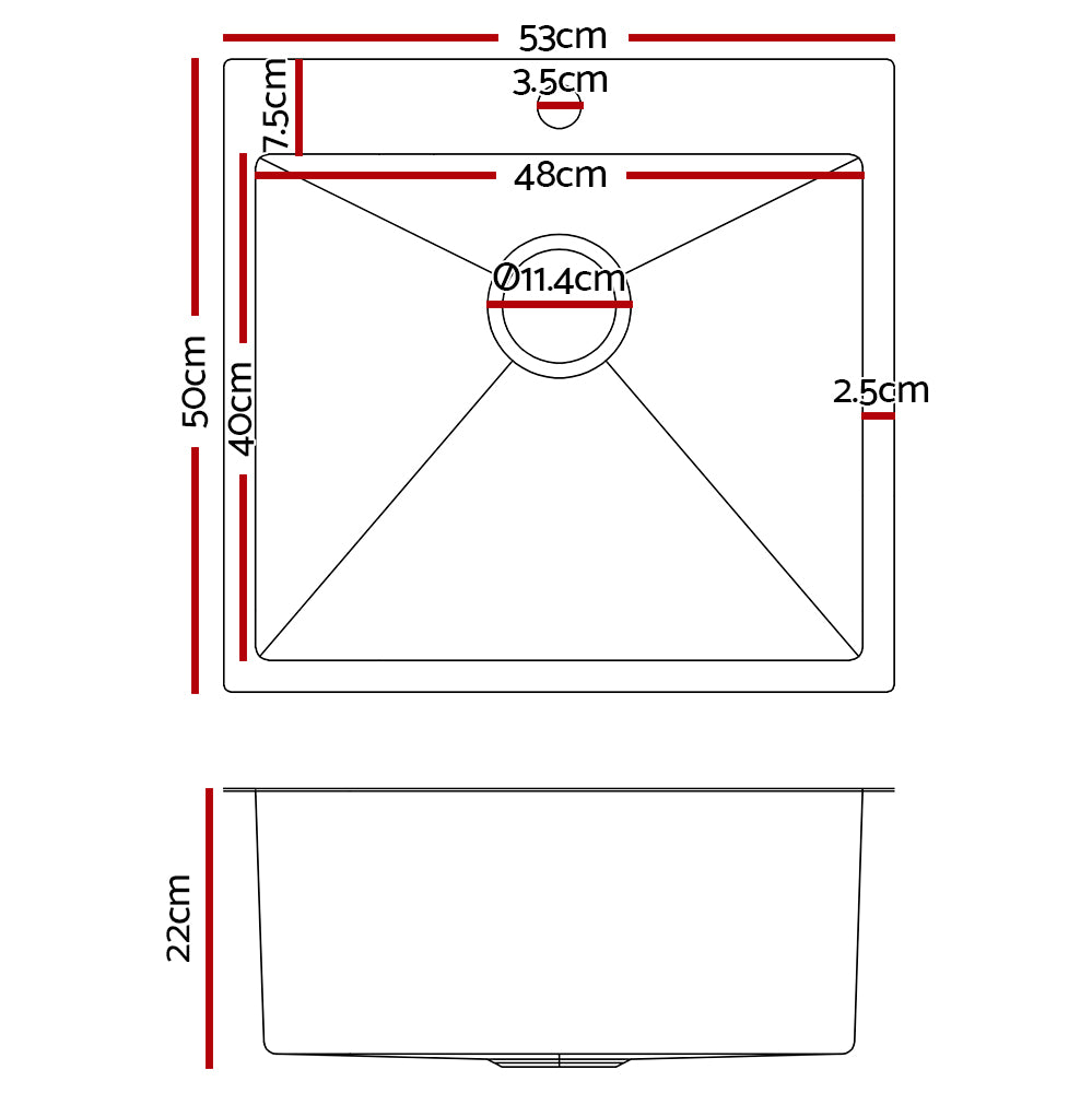 Cefito Kitchen Sink 53X50CM Stainless Steel Basin Single Bowl Laundry Silver