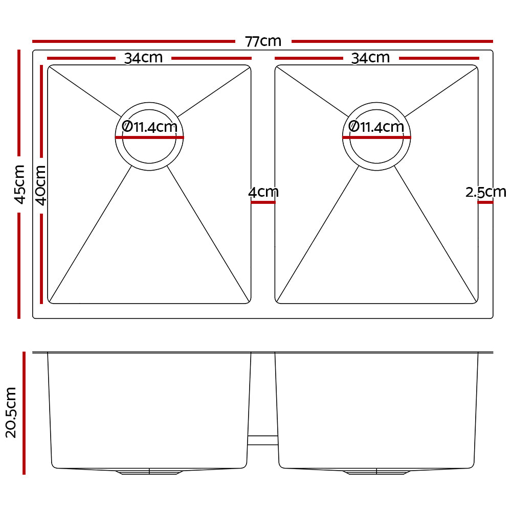 Cefito Kitchen Sink 77X45CM Stainless Steel Basin Double Bowl Laundry Silver