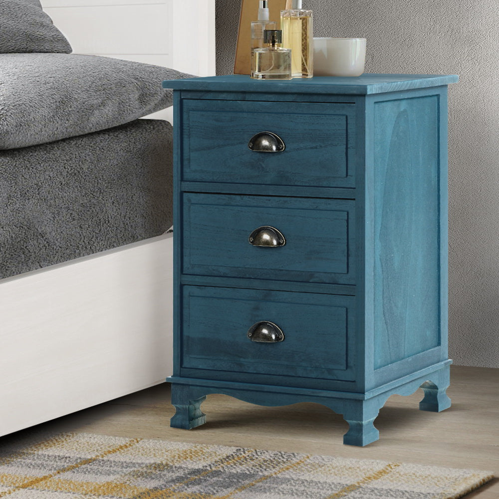 Artiss Bedside Tables 3 Drawers Side Table Cabinet Vintage Bedroom Storage Blue