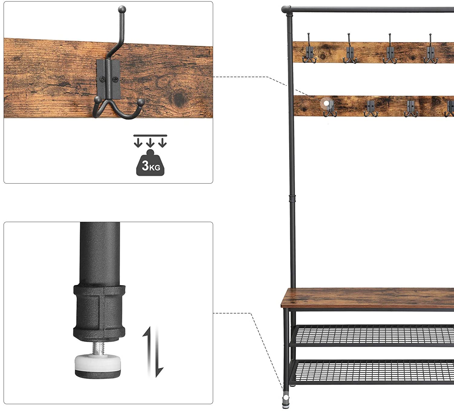 Coat Rack Stand with 9 Hooks and Shoe Rack with Industrial Style Sturdy Steel Frame