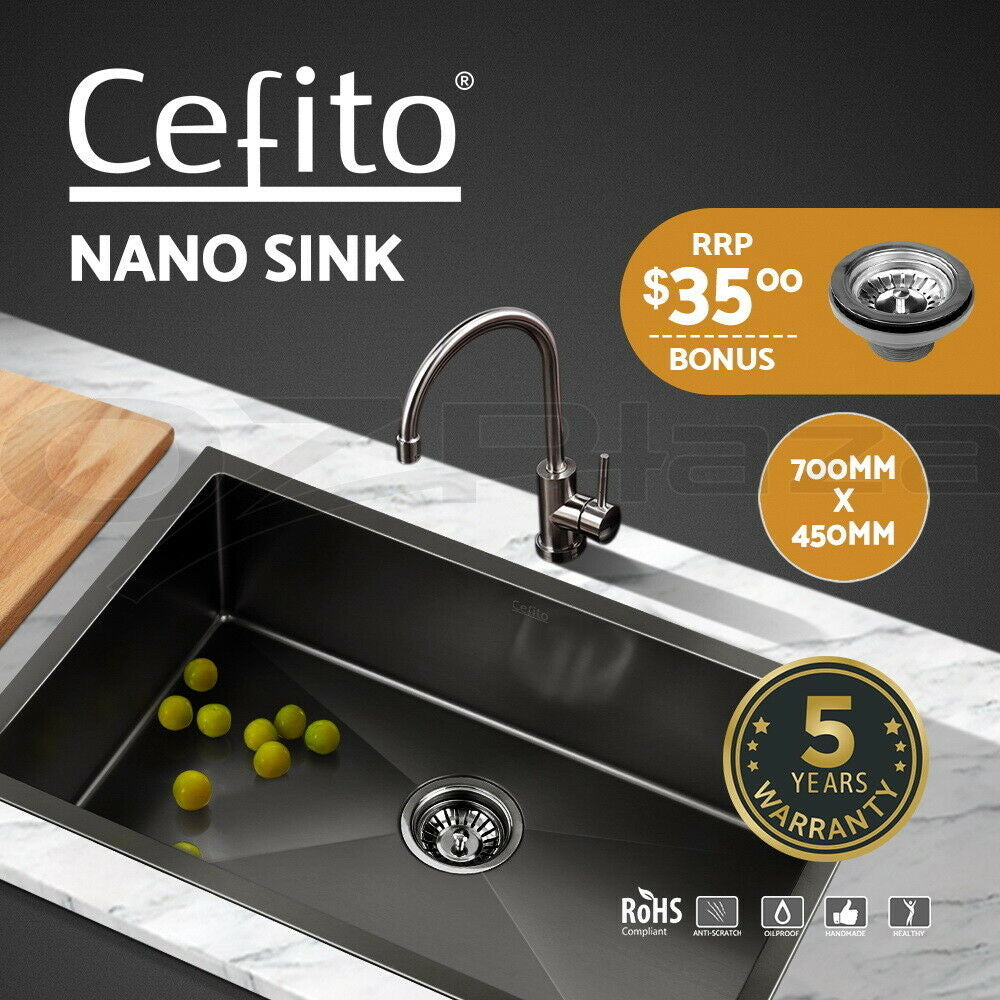 Cefito Kitchen Sink 70X45CM Stainless Steel Basin Single Bowl Laundry Black