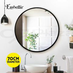 Embellir Wooden Round Wall Mirror Makeup Mirror Bathroom Vanity Decor 70cm Black