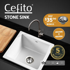 Cefito Stone Kitchen Sink 450X450MM Granite Under/Topmount Basin Bowl Laundry White