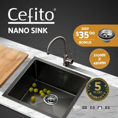 Cefito Kitchen Sink 51X45CM Stainless Steel Basin Single Bowl Laundry Black