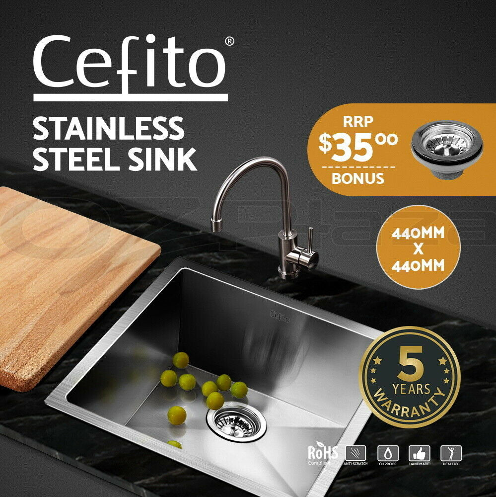 Cefito Kitchen Sink 44X44CM Stainless Steel Basin Single Bowl Laundry Silver