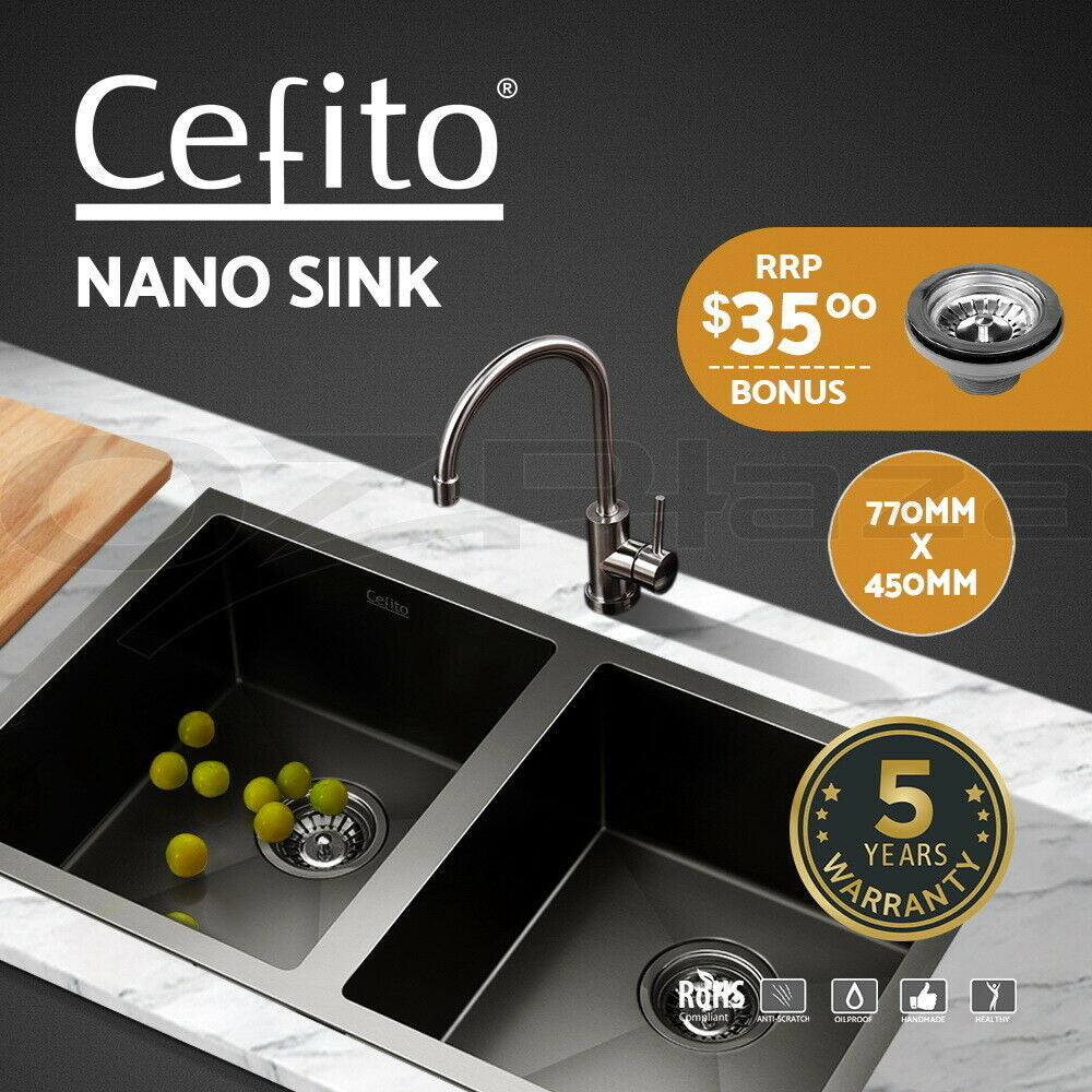 Cefito Kitchen Sink 77X45CM Stainless Steel Basin Double Bowl Laundry Black