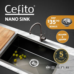 Cefito Kitchen Sink 60X45CM Stainless Steel Basin Single Bowl Laundry Black