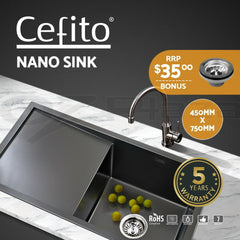 Cefito Kitchen Sink 75X45CM Stainless Steel Basin Single Bowl Laundry Black