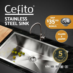 Cefito Kitchen Sink 70X45CM Stainless Steel Basin Single Bowl Laundry Silver