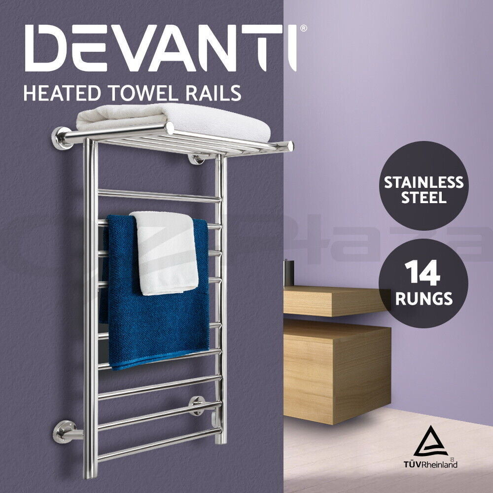 Devanti Electric Heated Towel Rail Rack 14 Bars Wall Mounted Clothes Dry Warmer