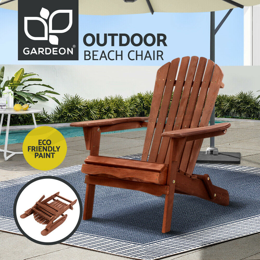 Gardeon Adirondack Outdoor Chairs Wooden Foldable Beach Chair Patio Furniture Brown