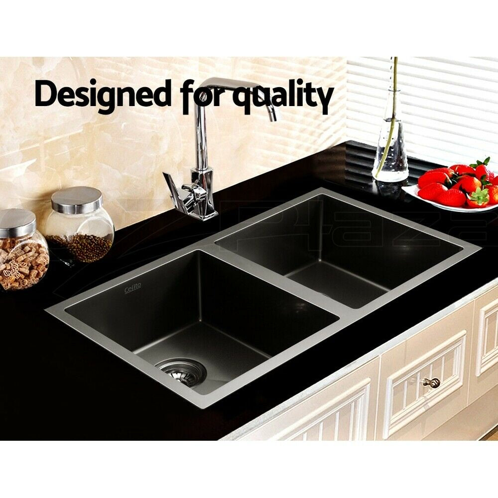 Cefito Kitchen Sink 77X45CM Stainless Steel Basin Double Bowl Laundry Black