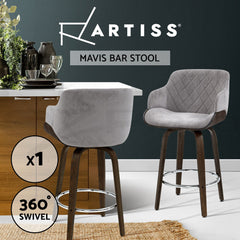 Artiss 1 x Kitchen Bar Stools Wooden Bar Stool Chairs Swivel Velvet Fabric Grey