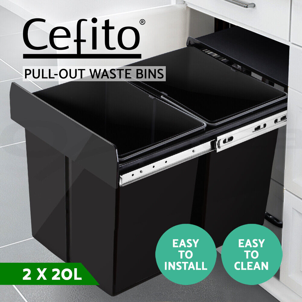 Cefito Pull Out Bin Kitchen Double Basket 2X20L Black