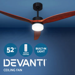 Devanti 52'' Ceiling Fan AC Motor 3 Blades w/Light - Dark Wood