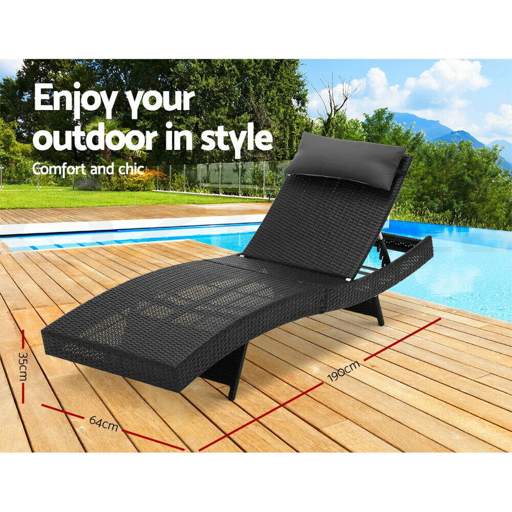 Gardeon Sun Lounge Wicker Lounger Outdoor Furniture Beach Chair Garden Adjustable Black