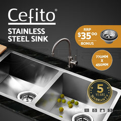 Cefito Kitchen Sink 77X45CM Stainless Steel Basin Double Bowl Laundry Silver