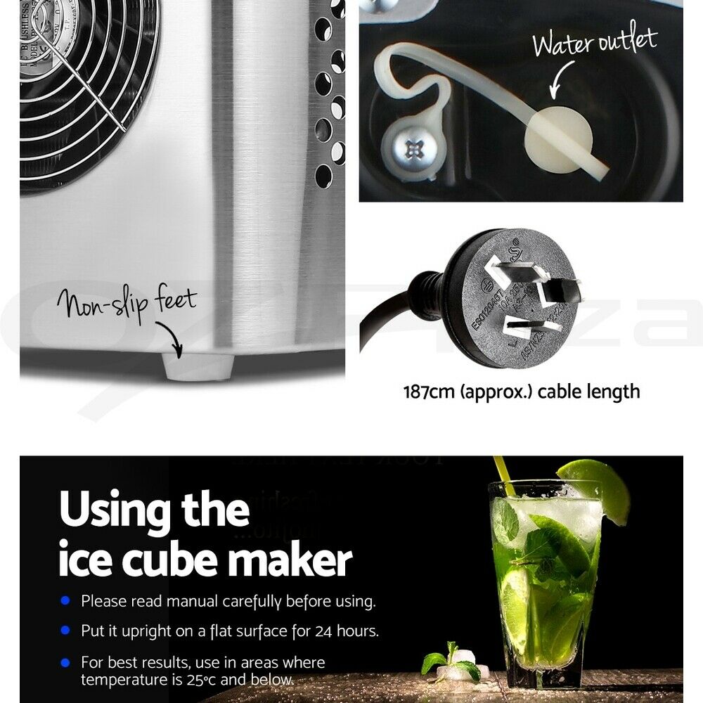 Devanti Ice Maker Machine Commercial Portable Ice Cube Nugget Tray Stainless Steel 2.4L