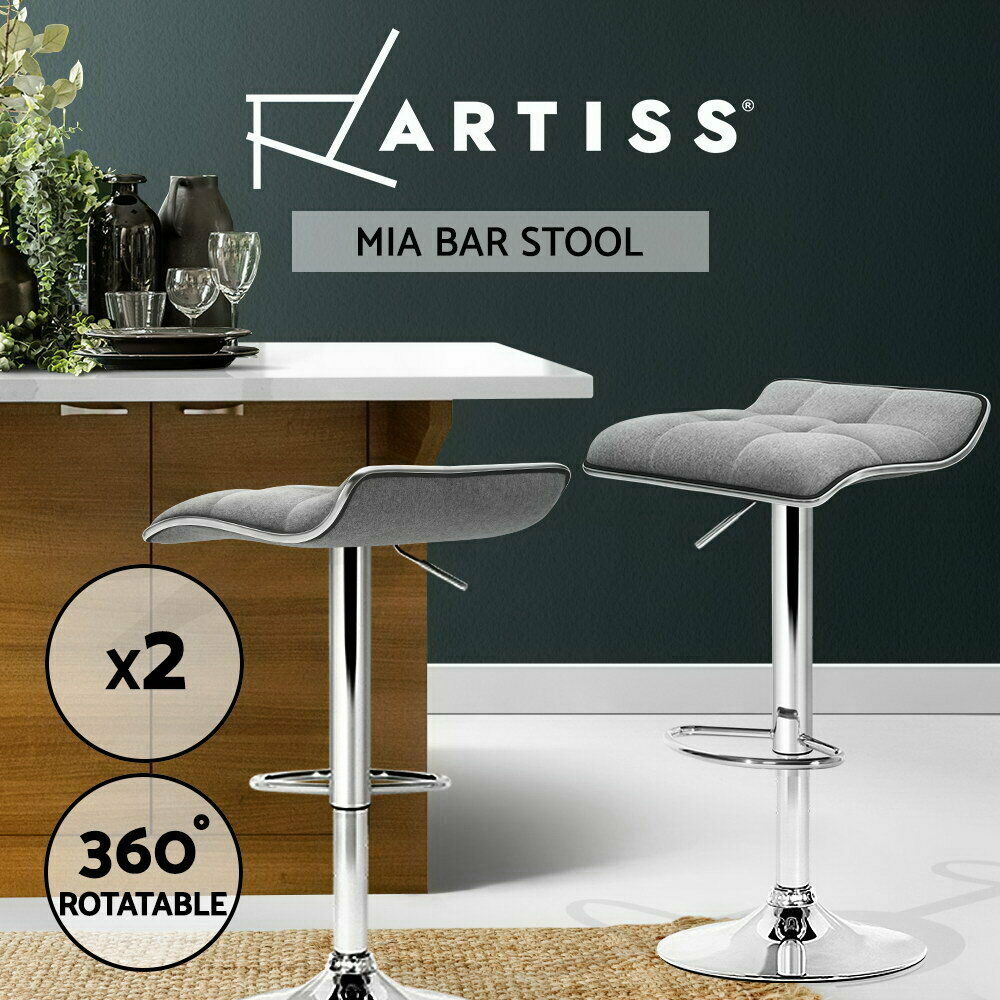 Artiss 2x Fabric Bar Stools Swivel Bar Stool Dining Chairs Gas Lift Kitchen Grey