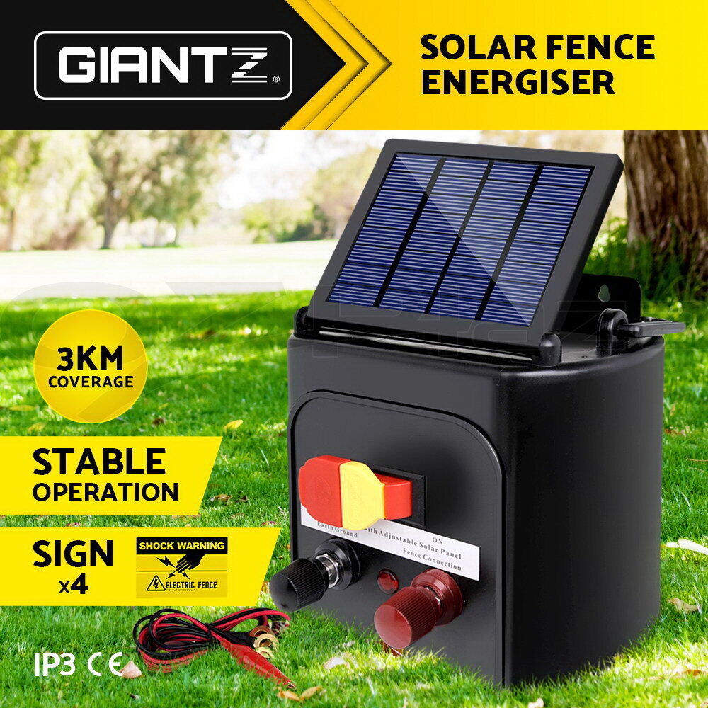 Giantz Fence Energiser 3KM Solar Powered 0.1J Electric Fencing Charger