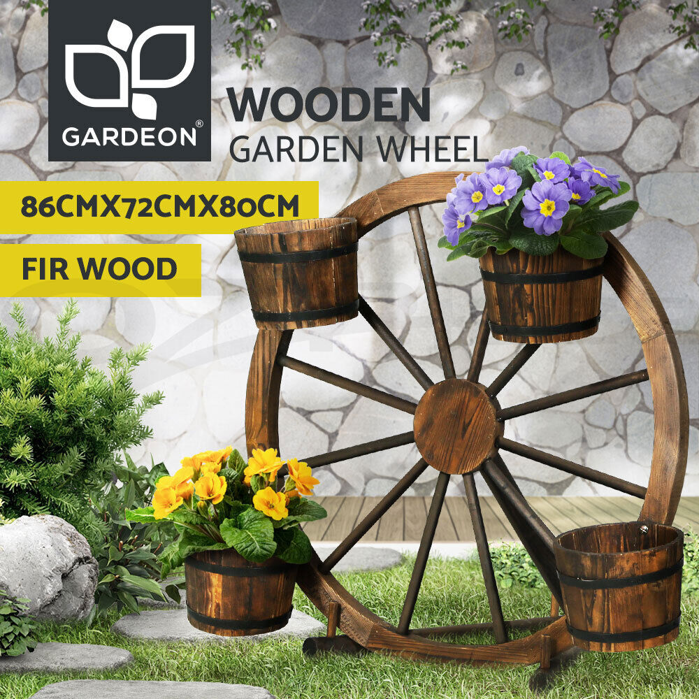 Gardeon Garden Decor Plant Stand Outdoor Ornament Wooden Wagon Wheel 80cm