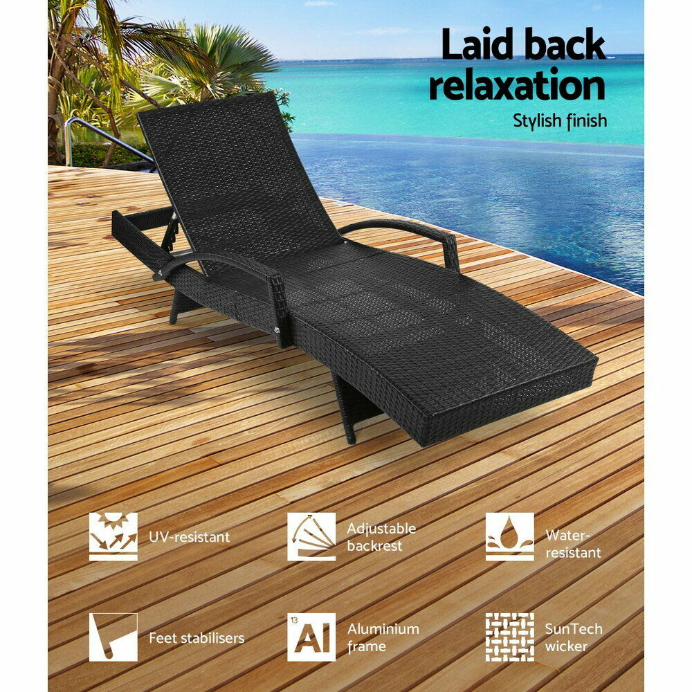 Gardeon Sun Lounge Wicker Lounger Outdoor Furniture Beach Chair Armrest Adjustable Black