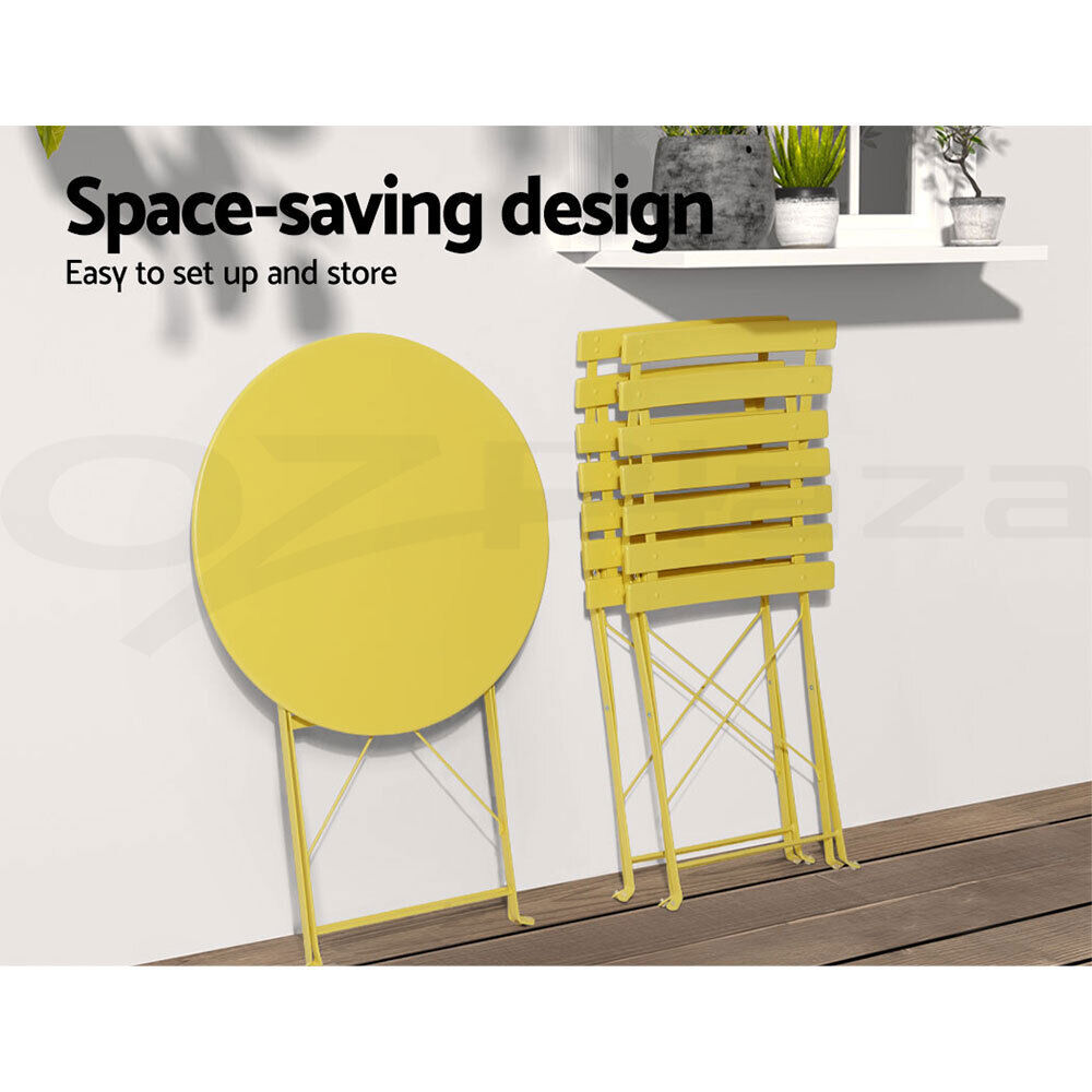 Gardeon 3PC Outdoor Bistro Set Steel Table and Chairs Patio Furniture Yellow