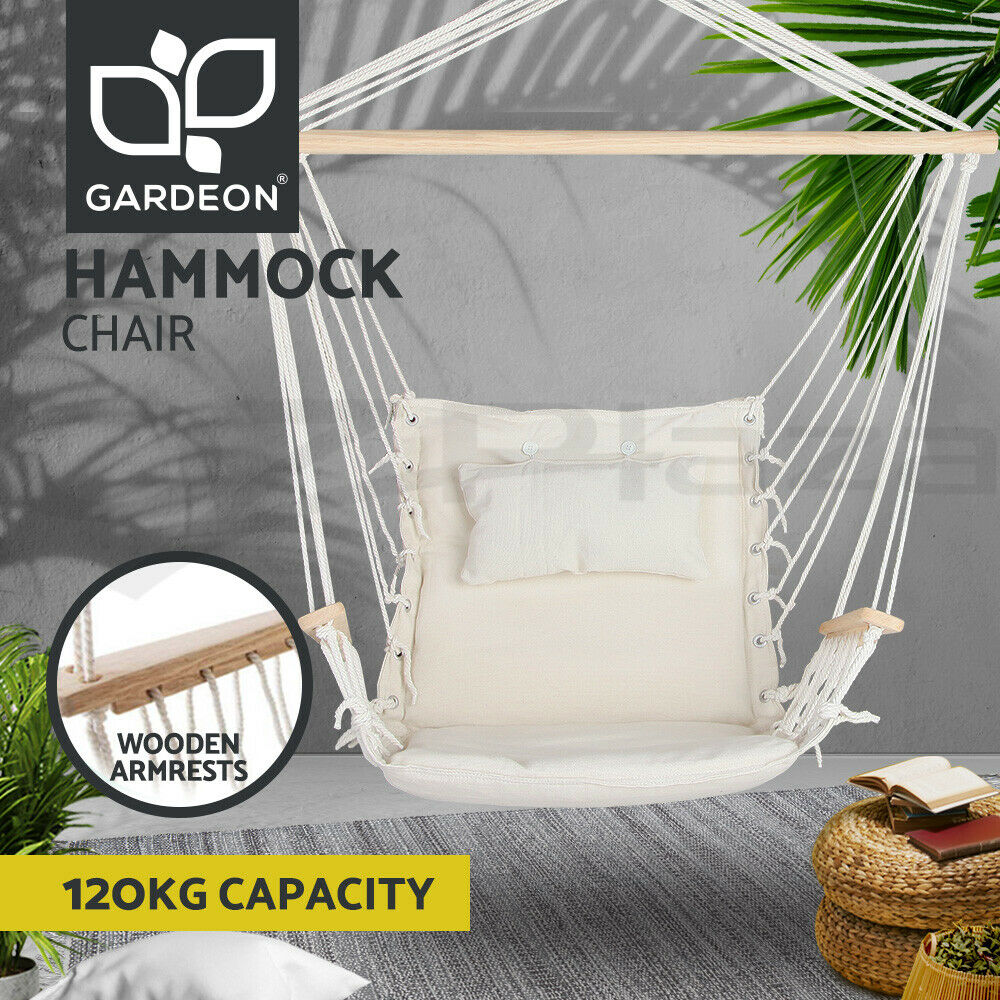 Gardeon Hammock Chair Hanging with Armrest Camping Hammocks Cream