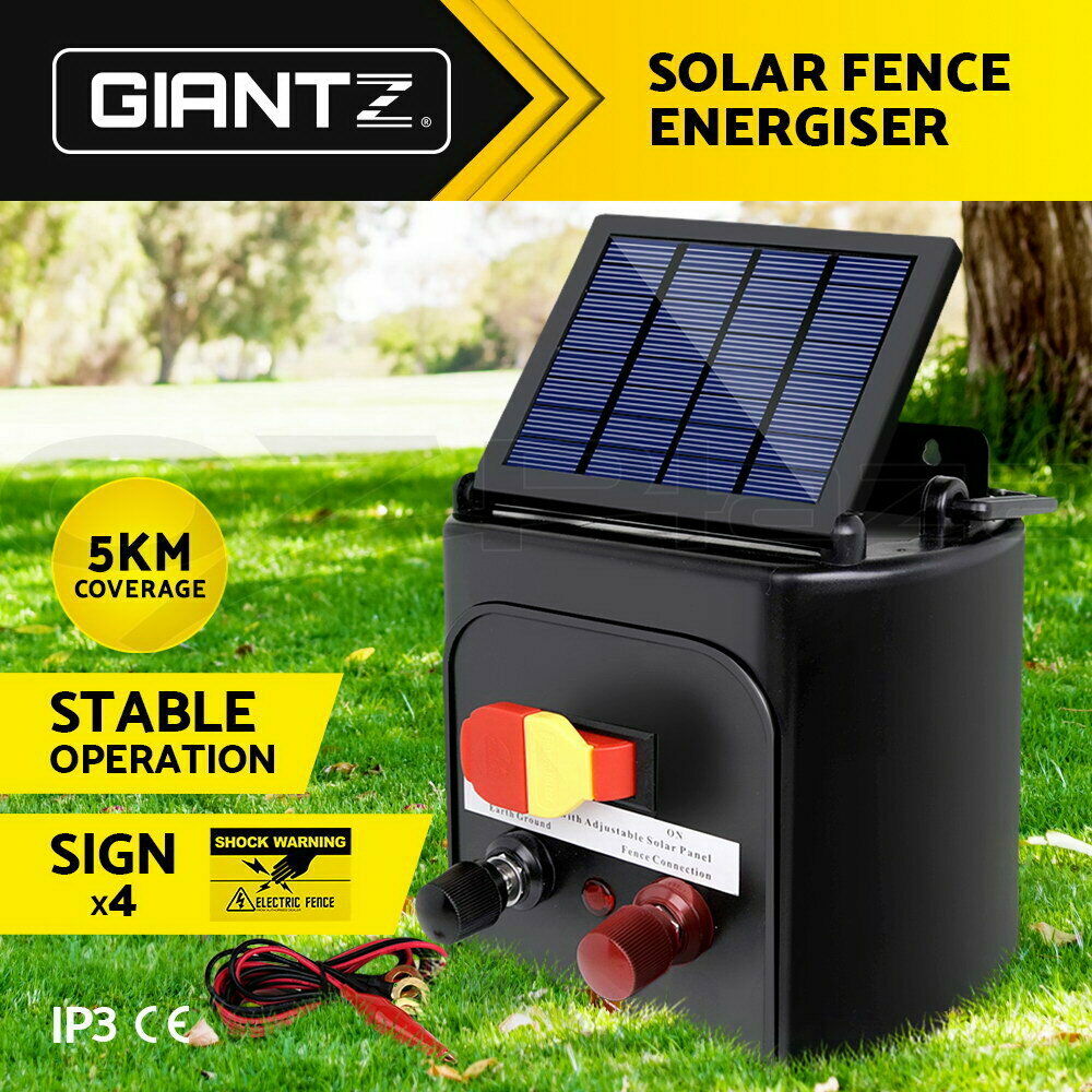 Giantz Fence Energiser 5KM Solar Powered 0.15J Electric Fencing Charger