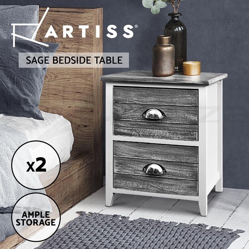 Artiss 2 x Bedside Table Nightstands 2 Drawers Storage Cabinet Bedroom Side Grey