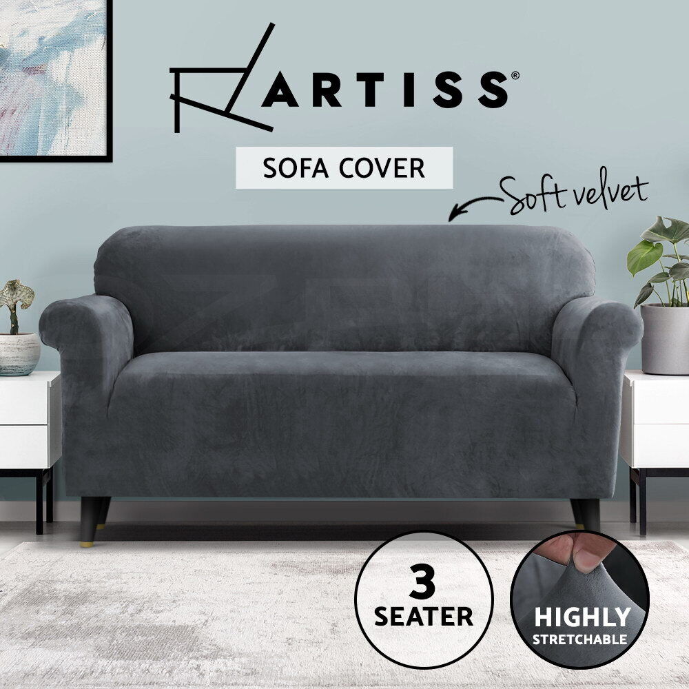 Artiss Velvet Sofa Cover Plush Couch Cover Lounge Slipcover 3 Seater Grey