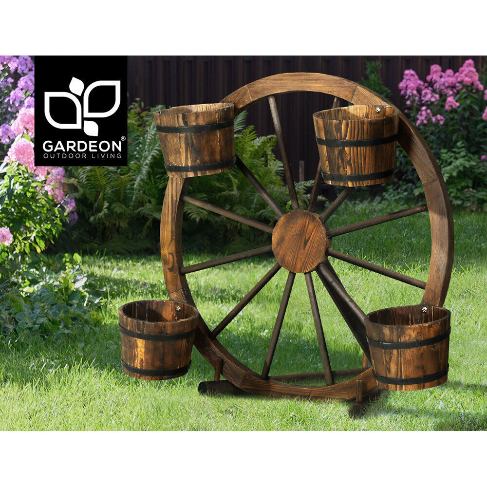 Gardeon Garden Decor Plant Stand Outdoor Ornament Wooden Wagon Wheel 80cm