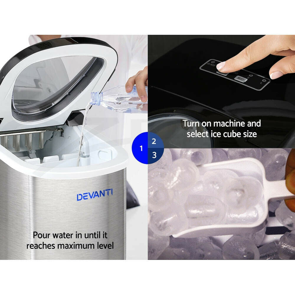 Devanti Ice Maker Machine Commercial Portable Ice Cube Nugget Tray Stainless Steel 2.4L