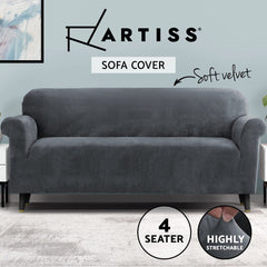 Artiss Velvet Sofa Cover Plush Couch Cover Lounge Slipcover 4 Seater Grey