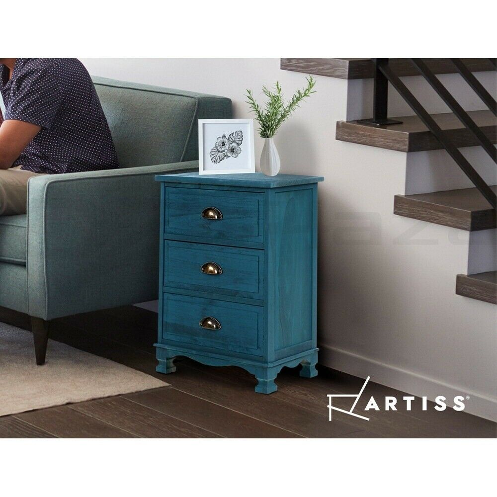 Artiss Bedside Tables 3 Drawers Side Table Cabinet Vintage Bedroom Storage Blue