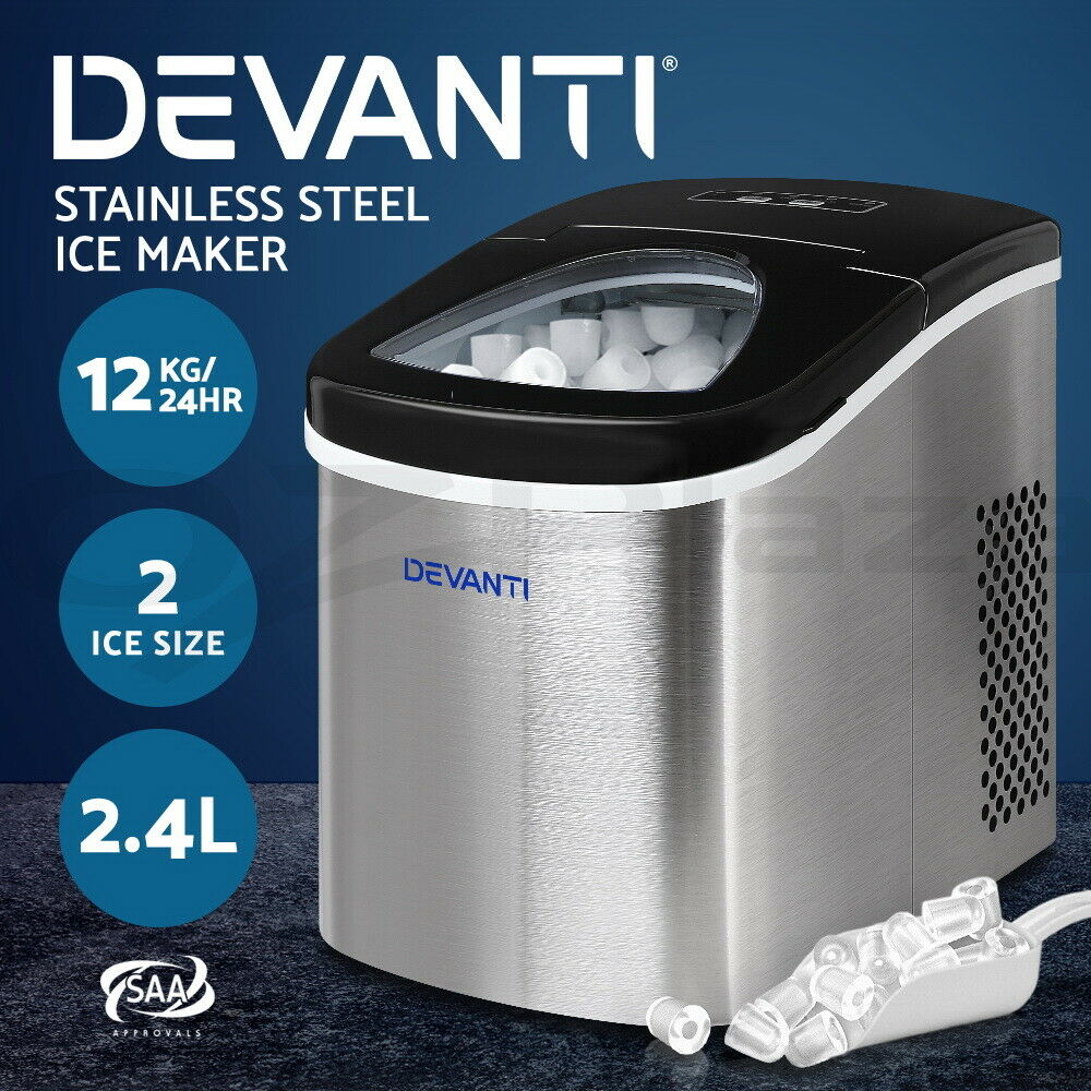 Devanti Ice Maker Machine Commercial Portable Ice Cube Nugget Tray Stainless Steel 2.4L