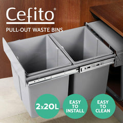 Cefito Pull Out Bin Kitchen Double Basket 2X20L Grey