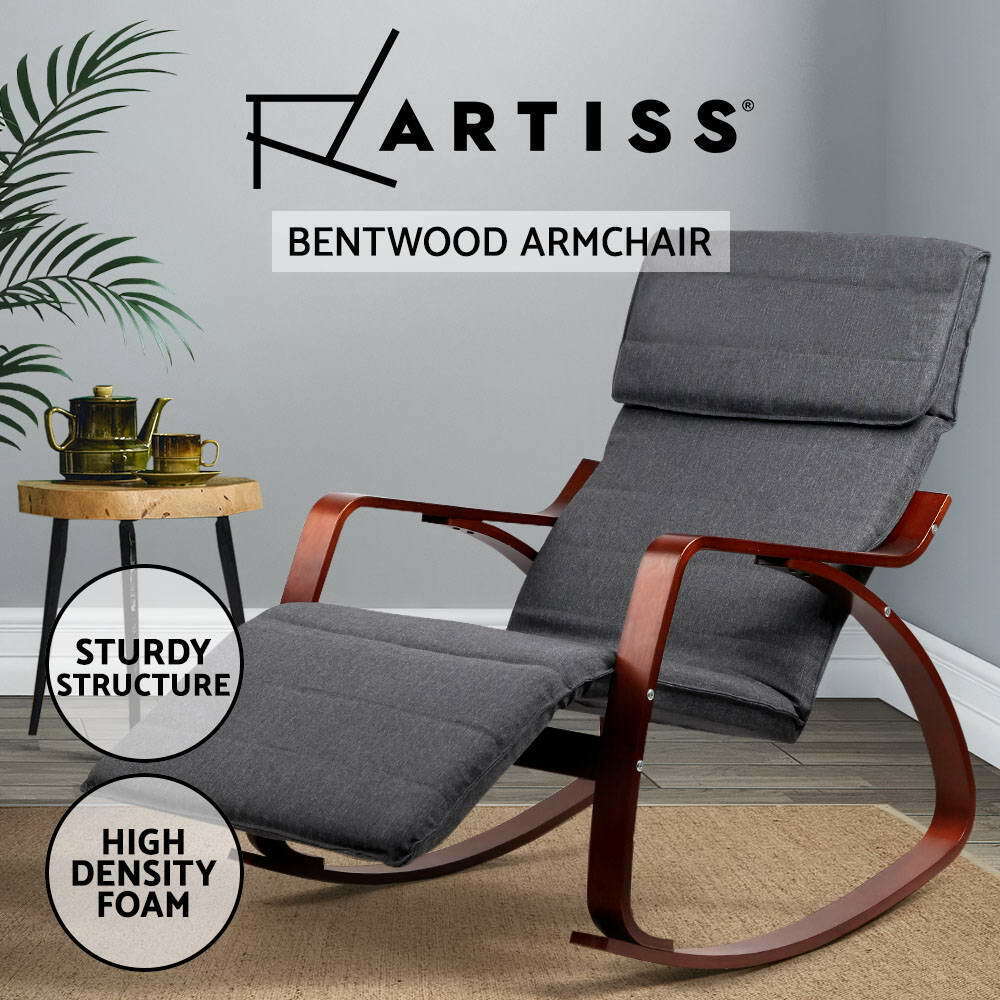 Artiss Rocking Armchair Bentwood Frame With Footrest Charcoal Afton