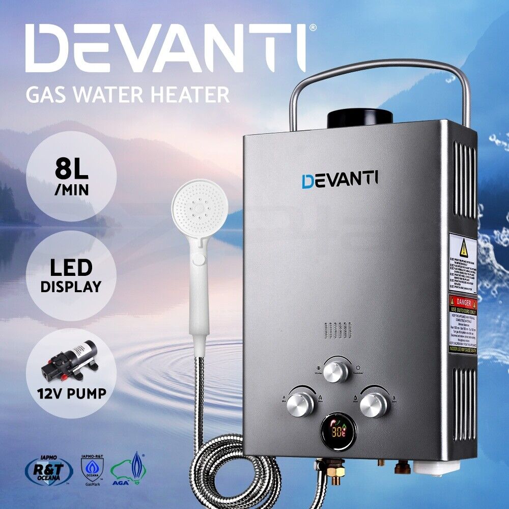 Devanti Portable Gas Water Heater 8L/Min With Pump LPG System Grey