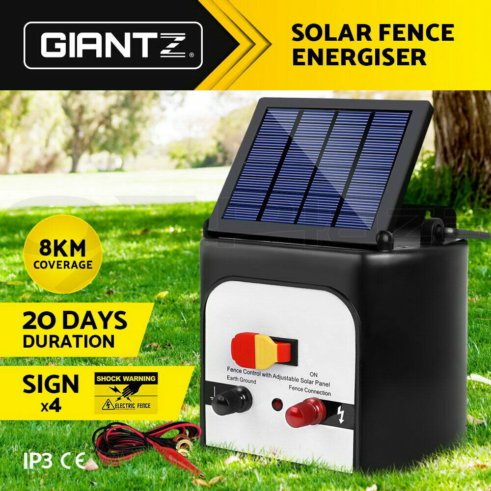 Giantz Fence Energiser 8KM Solar Powered 0.3J Electric Fencing Charger