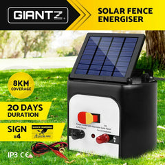 Giantz Fence Energiser 8KM Solar Powered 0.3J Electric Fencing Charger