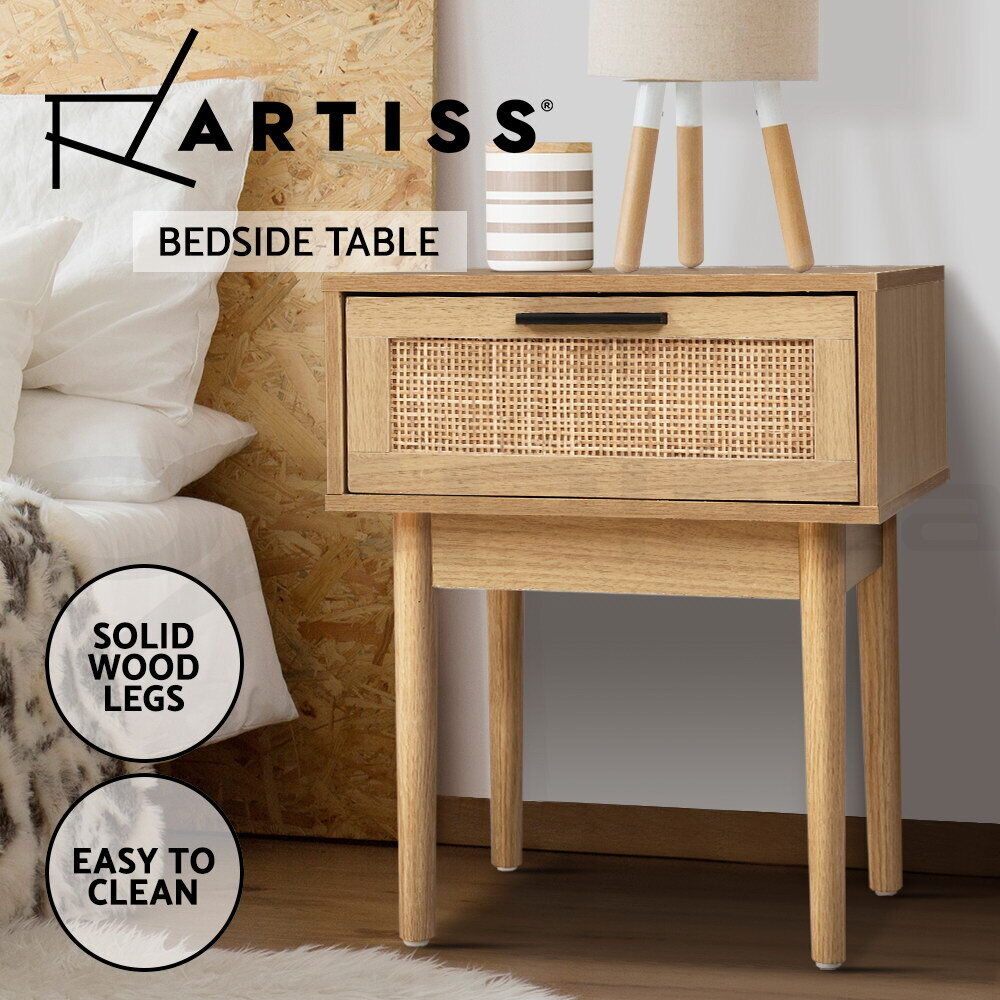 Artiss Bedside Tables Rattan Drawers Side Table Storage Cabinet Wood Nightstand