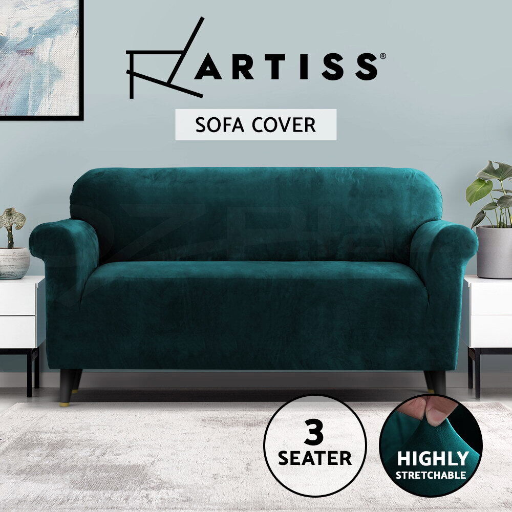 Artiss Velvet Sofa Cover Plush Couch Cover Lounge Slipcover 3 Seater Agate Green